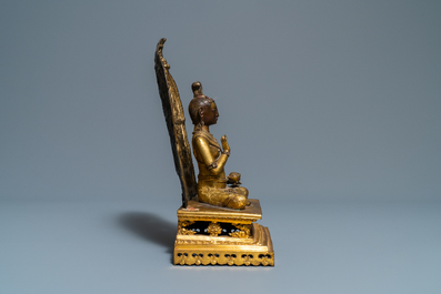 A Sino-Tibetan gilt bronze and copper repouss&eacute; figure of Buddha, 17/18th C.