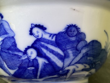 A Chinese blue and white bowl with an unusual scene with slaves, Qianlong