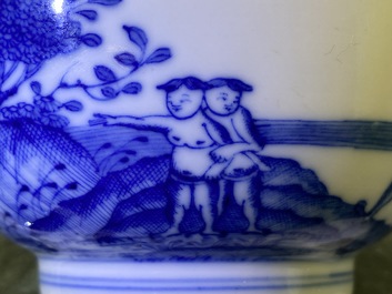 A Chinese blue and white bowl with an unusual scene with slaves, Qianlong