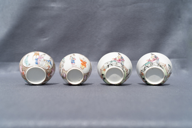 Four Chinese famille rose 'Mandarin' cups and saucers, Qianlong