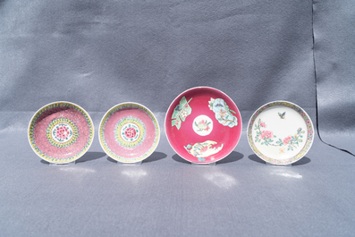 Four Chinese famille rose cups and saucers, Yongzheng/Qianlong