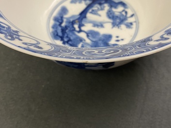 A Chinese blue and white klapmuts bowl with figures in a landscape, Kangxi mark and of the period