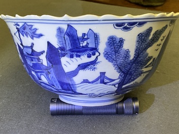 A Chinese blue and white 'pagoda landscape' bowl, Wanli