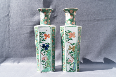 A pair of Chinese famille verte vases with birds and flowers, Kangxi