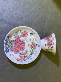 Five Chinese famille rose cups and saucers, Yongzheng/Qianlong