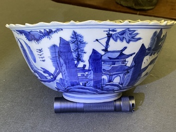 A Chinese blue and white 'pagoda landscape' bowl, Wanli