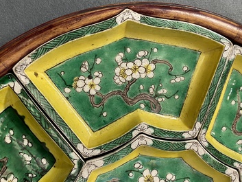 A Chinese verte biscuit sweetmeat set on wooden tray, Kangxi