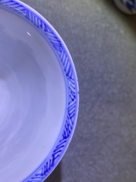 Six Chinese blue and white (covered) cups and saucers, Kangxi