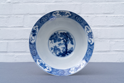 A Chinese blue and white klapmuts bowl with figures in a landscape, Kangxi mark and of the period