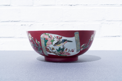 A fine Chinese famille rose ruby ground bowl, Yongzheng