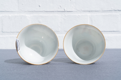 A pair of Chinese famille rose 'Wu Shuang Pu' cups and saucers, 19th C.