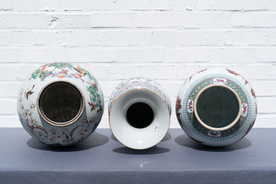 Three Chinese famille rose vases, 19th C.