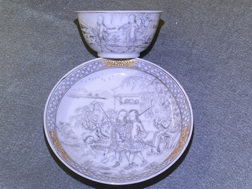 A fine Chinese grisaille cup and saucer with European noblemen, Yongzheng