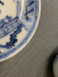 Eight Chinese blue and white cups and saucers, Kangxi/Qianlong