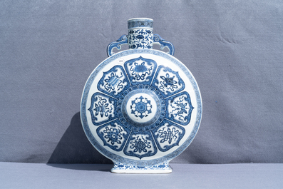 A fine Chinese blue and white 'Bajixiang' moon flask vase, Qianlong mark, 19th C.