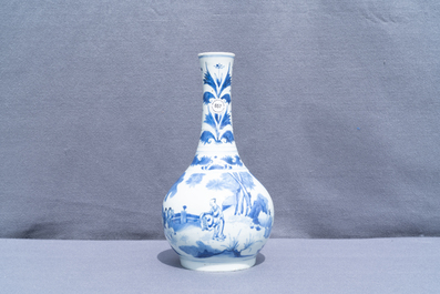 A Chinese blue and white bottle vase with figures in a landscape, Transitional period