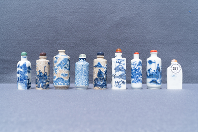 Nine Chinese blue and white snuff bottles, 19/20th C.