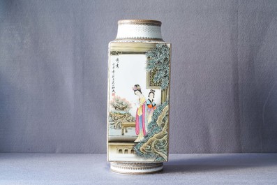 A Chinese famille rose cong vase, signed Zhang Songmao, dated 2002