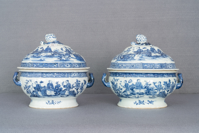 A pair of Chinese blue and white tureens with ladies in a garden, Qianlong