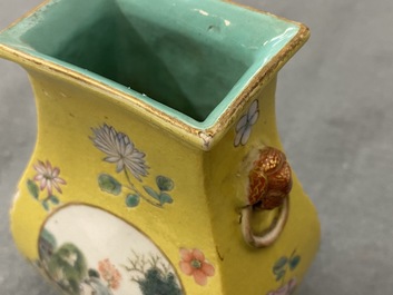 A Chinese yellow-ground famille rose vase, 19/20th C.