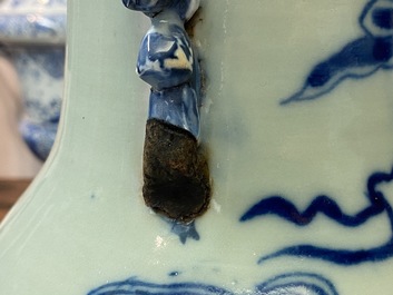 Three Chinese blue and white and celadon-ground 'Buddhist lion' vases, 19th C.