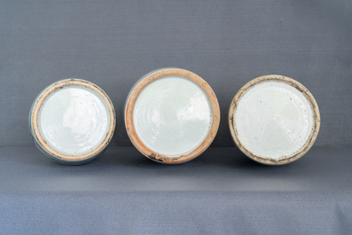 Three Chinese blue and white and celadon-ground 'Buddhist lion' vases, 19th C.