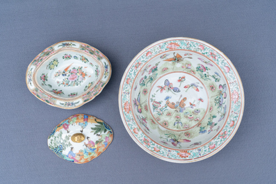 A Chinese Canton famille rose tureen and cover, a plate and a famille rose 'butterfly' bowl, 19th C.