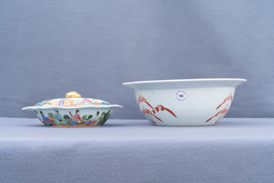 A Chinese Canton famille rose tureen and cover, a plate and a famille rose 'butterfly' bowl, 19th C.