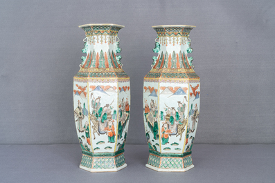 A pair of Chinese hexagonal famille verte vases, 19th C.