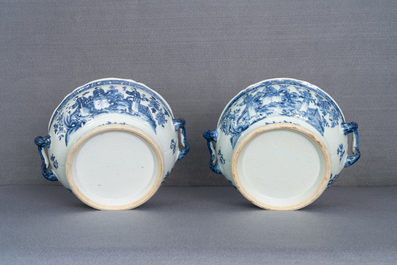 A pair of Chinese blue and white tureens with ladies in a garden, Qianlong