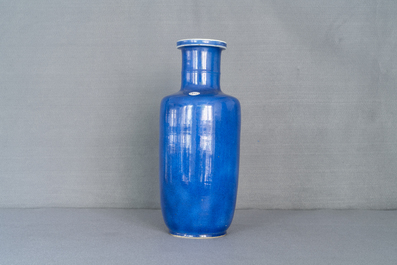 A Chinese monochrome powder blue rouleau vase, Kangxi