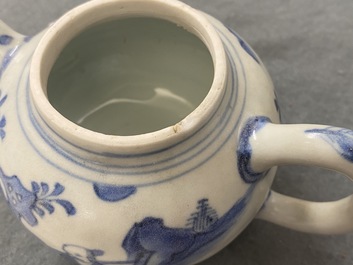 A Chinese blue and white teapot and cover with a figure in a landscape, Hatcher cargo shipwreck, Transitional period