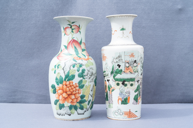 A Chinese famille verte rouleau vase and a famille rose vase, 19th C.