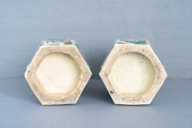 A pair of Chinese hexagonal famille verte vases, 19th C.