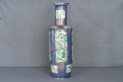 A massive Chinese famille verte on powder blue-ground rouleau vase, Kangxi