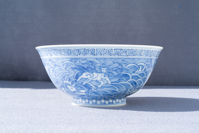 A Chinese blue and white 'mythical beasts' bowl, Guangxu mark, 19/20th C.