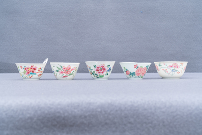 Five Chinese famille rose cups and saucers, Yongzheng/Qianlong