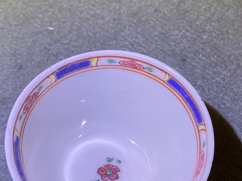 Five Chinese famille rose cups and saucers, Yongzheng/Qianlong