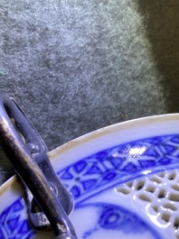 A Chinese silver-mounted blue and white reticulated bowl, Transitional period