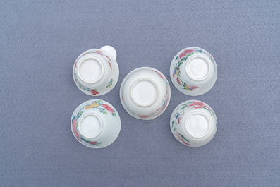 Five Chinese famille rose cups and saucers, Yongzheng/Qianlong