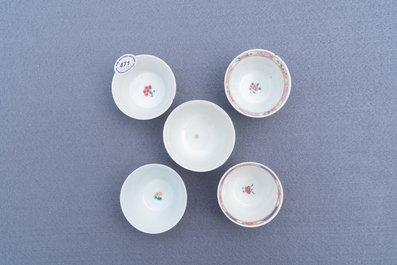 Five Chinese famille rose cups and saucers, Yongzheng/Qianlong