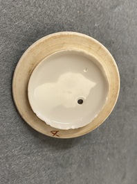 Two Chinese famille rose teapots and four covered bowls on stands, 19th C.