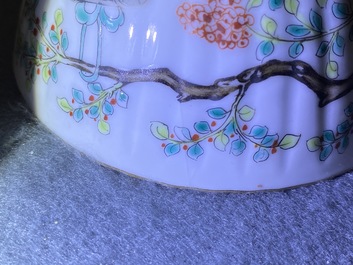 Two Chinese famille rose teapots and four covered bowls on stands, 19th C.