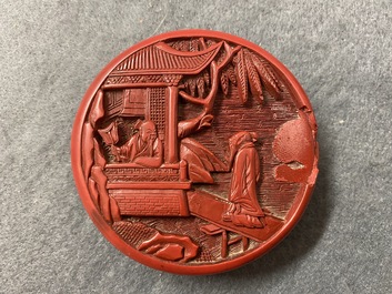 A Chinese carved cinnabar lacquer box and cover, 18/19th C.