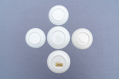 Five Chinese famille rose cups and saucers, Yongzheng/Qianlong