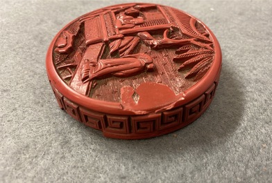 A Chinese carved cinnabar lacquer box and cover, 18/19th C.