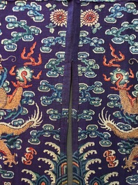 A Chinese embroidered silk purple-ground five-clawed dragon robe, 'jifu', 19th C.