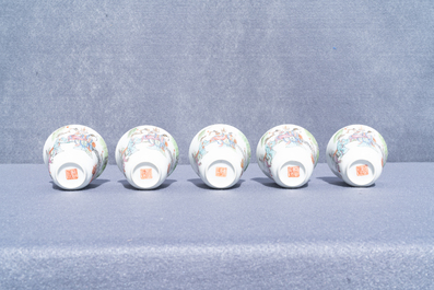 Five Chinese famille rose cups and saucers, Tongzhi mark and of the period