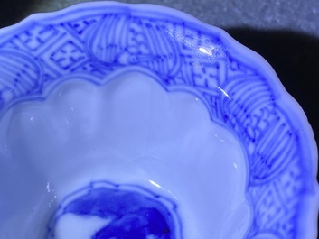 Four Chinese blue and white cups and saucers, Kangxi