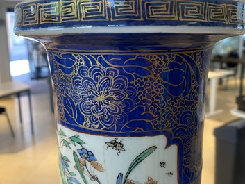 A massive Chinese famille verte on powder blue-ground rouleau vase, Kangxi